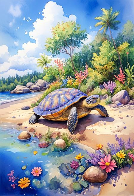 a turtle in the sunshine on a rock strewn sandy beach as the tide washes gently on the shoreline.  Exotic trees and colourful foliage and wildflowers back onto the beach. clear blue skies with wispy cirrus cloud . ArsMJStyle, Watercolor