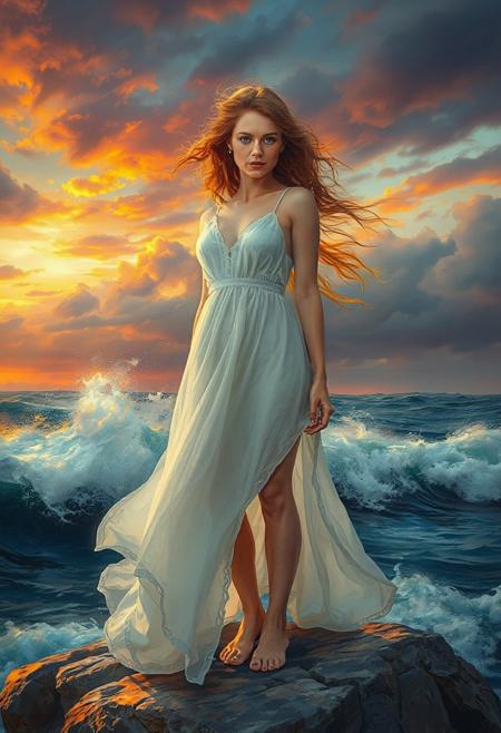 score_9, score_8_up, score_7_up, detailed masterpiece, (maxfield Parish style painting:0.9), 1woman, 25 years old, tall slender redheaded woman standing on a large rock in the ocean,  sunset, stormy sky’s, large windblown waves:0.8, colorful sunset sky, 
looking at viewer, perfect pale white skin, cute face, Scandinavian features, big blue doe eyes, full pouty lips, swarthy, sultry, detailed ginger windblown hair with white highlights, long flowing sheer white dress blowing in the wind, high leg slits, standing, medium perfectly shaped breasts,
hot atmosphere, dreamy light, perfect skin,, dramatic lighting, front view,  dreamy blurred colorful background,