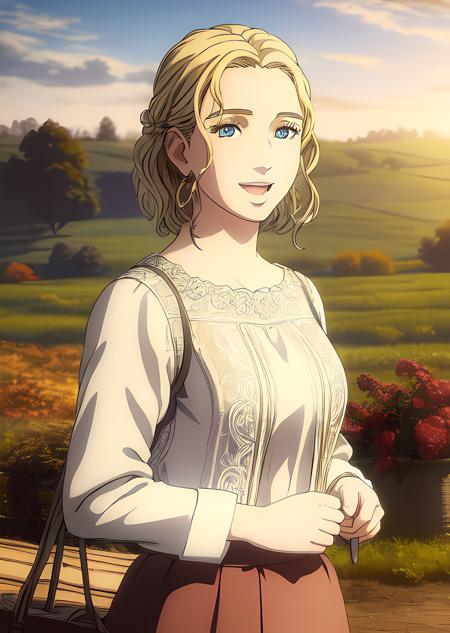 (masterpiece, best quality, intricate details, ultra details, ultra quality)<lora:Arnheid:0.7>, Arnheid, :D, small breasts, detailed face, detailed blue eyes, farm background, detailed background, warm lighting