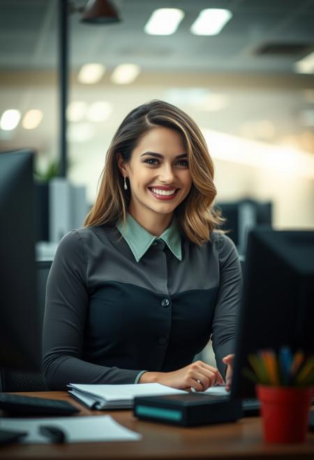 a stunning secretary smiling at you from her  desk, beautiful, sexy, confident, playful, deep bokeh blur