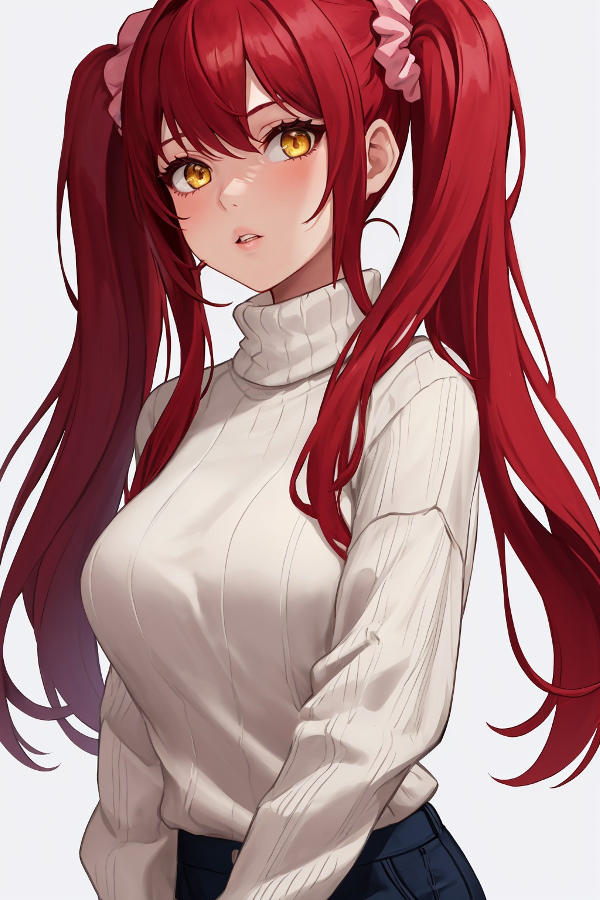 masterpiece, best quality, 1girl, solo, standing, red hair, twintails, hair scrunchie, very long hair, yellow eyes, turtle...