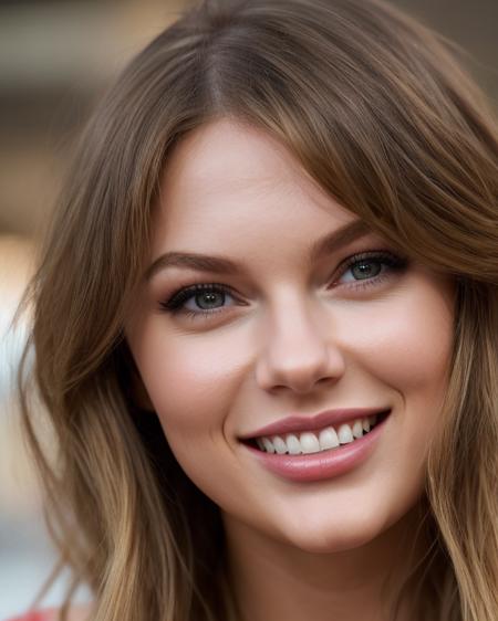 style of Lara Jade, fashion photography, 32K, shot on Canon EOS 5D Mark IV, Canon 85mm f/1.2 lens, young woman, taylor swift, halter shirt, HDR, smirk, good looks, perfect facial features, natural beauty, hyperdetailed, beautiful eyes, amazing body, detailed hair, realistic, ultra detailed eyes, solid circle irises, star-shaped pupils, beautiful face, detailed skin, detailed face, perfect eyes, cleavage, flawless smile with perfectly aligned perfect teeth,eyelashes, alternate hairstyle, trending on artstation