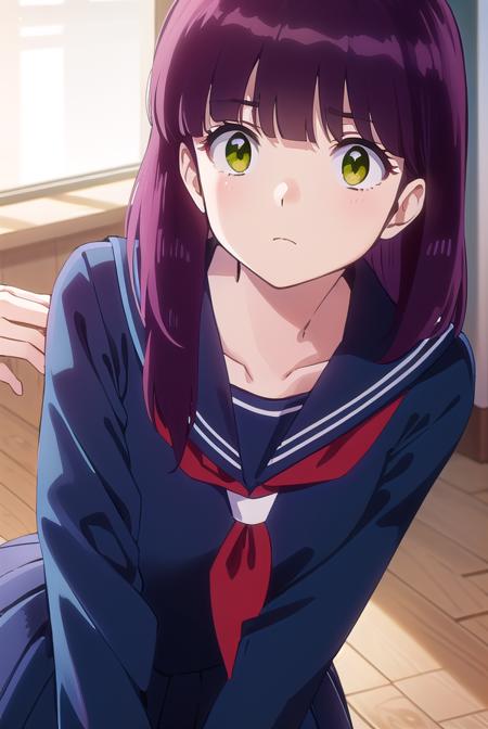 shinobumiyake, <lora:shinobu miyake s1-lora-nochekaiser:1>,
shinobu miyake, long hair, bangs, purple hair, (green eyes:1.5),
BREAK shirt, long sleeves, school uniform, serafuku, sailor collar, neckerchief, red neckerchief, shirt, blue shirt, blue sailor collar, blue skirt,
BREAK indoors, classroom,
BREAK looking at viewer, (cowboy shot:1.5),
BREAK <lyco:GoodHands-beta2:1>, (masterpiece:1.2), best quality, high resolution, unity 8k wallpaper, (illustration:0.8), (beautiful detailed eyes:1.6), extremely detailed face, perfect lighting, extremely detailed CG, (perfect hands, perfect anatomy),