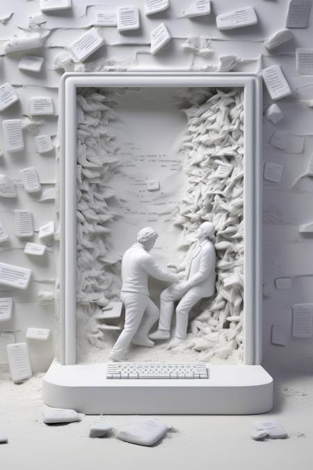 <lora:Daniel Arsham Style:1>Daniel Arsham Style - Imagine a series of emails on a computer screen, each one representing a step in the process of reactivating a customer, reimagined in the unique style of Daniel Arsham. The screen and the emails are depicted in a pure, ethereal white, appearing as if they've been carved from white marble or plaster. The medium is photorealistic, capturing the intricate details of the emails, from the engaging content to the personalized offers. The style is inspired by Arsham, with the scene appearing as if it's been weathered over time, yet still retaining its original form. The lighting is bright and clear, casting gentle shadows that accentuate the contours of the screen and the emails. The composition is a close-up shot, taken with a high-resolution 16k camera, using a macro lens to capture the emails in all their glory. The background is a simple, uncluttered grey, allowing the emails to take center stage.