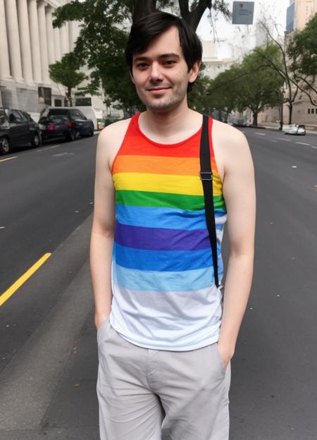 pharmabro person wearing a rainbow gay pride tanktop on the sidewalk in Washington DC. iPhone camera photo.