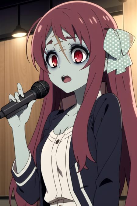 absurdres,  red eyes, upper body, dress, singing,holding microphone, pink hair, hair ribbon,  red eyes, zombie ,<lora:SakuraMinamotoR4:0.7>,SakuraMinamotoR4, scenery,