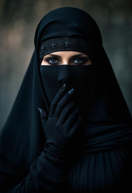 Dark Fantasy Art of  a woman in a black burqa covering her face burqa style, dark, moody, dark fantasy style,