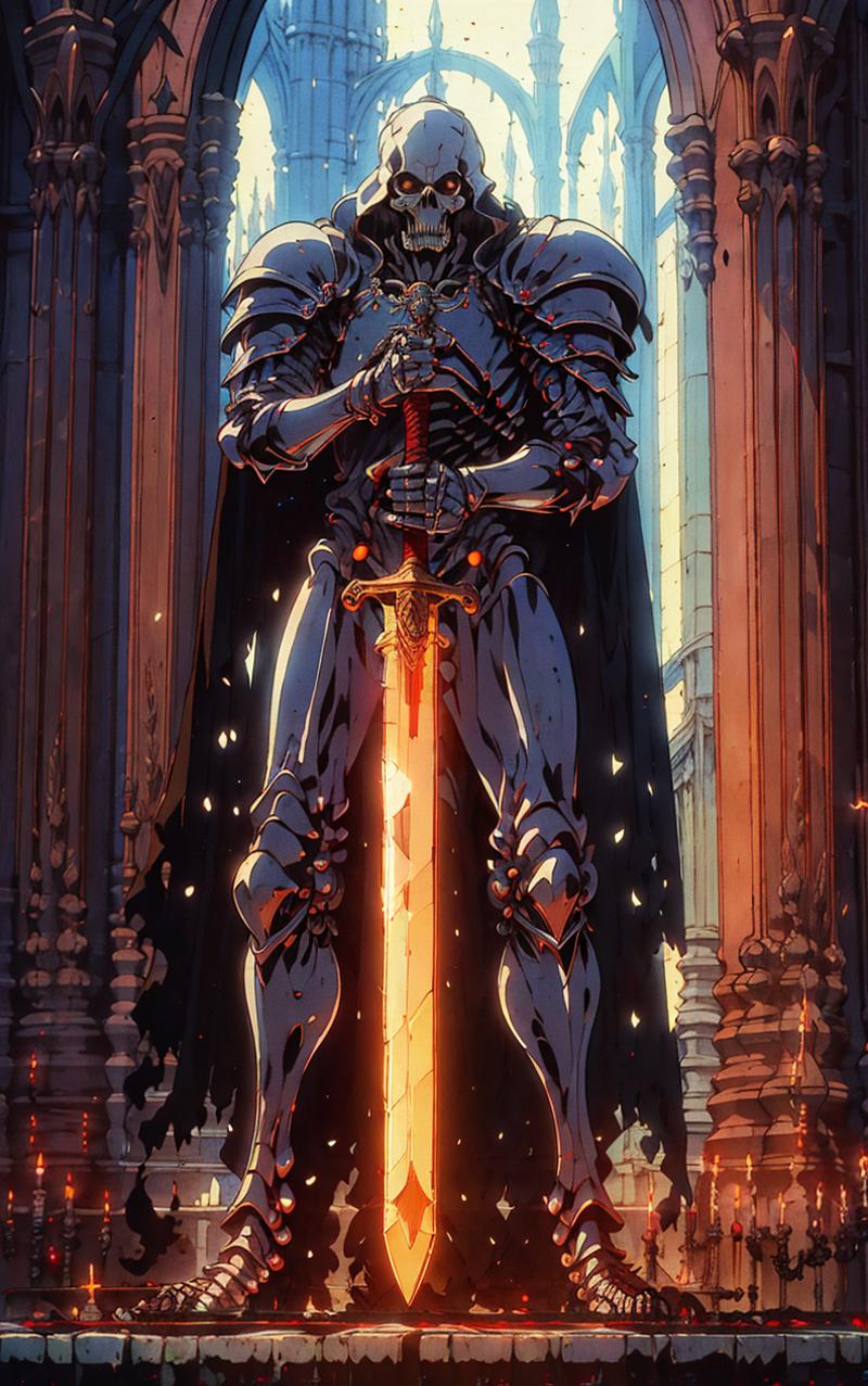 A robotic figure with a sword and a cape, standing in front of a building with pillars.