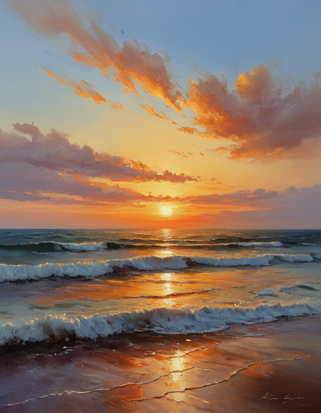 breathtaking alla prima oil painting, Sunrise, sunset, close up, (alla prima style:1.3), oil on linen, painterly oil on canvas, (painterly style:1.3), exquisite composition and lighting, modern painterly masterpiece, by alexi zaitsev, award-winning painterly alla prima oil painting