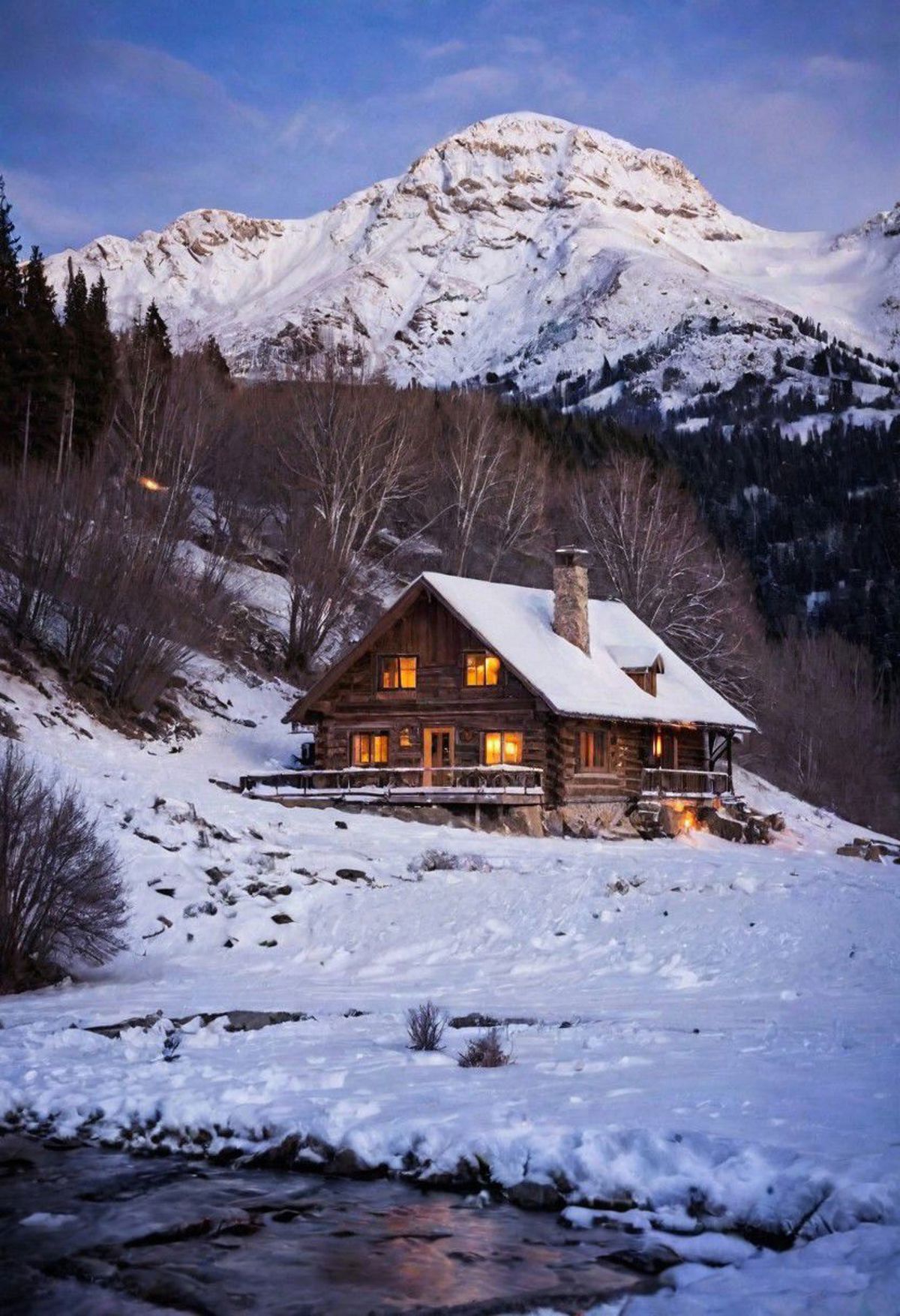 A log cabin with a stone chimney in a snowy mountain setting.