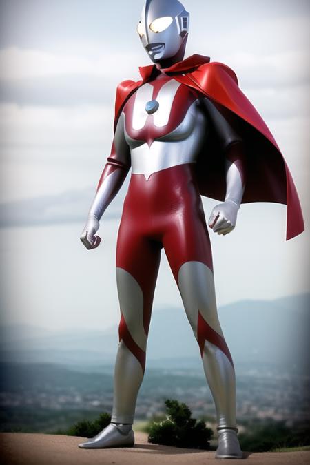 Best quality, masterpiece,
1boy, <lora:Ultraman:0.7>, Ultraman, bald, bodysuit, boots, gem, giant, gloves, helmet, pilot_suit, plugsuit, red cape, realistic, solo,
a giant in city, blue sky background, full body,