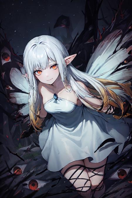 white hair, long hair, brown eyes, (fairy wings, flying:1.35), strapless dress, leg wrap, arm wrap, black gloves, pendant, gradient hair, cowboy shot, dark spirits, shadows, white dress
BREAK dark, horror, (glowing eyes:1.15), smirk, evil forest, forest, smog, fog, minigirl, huge trees, sequoia trees, (night:1.2), dutch angle, wide hips, light smile, thorns, from above, face close-up
BREAK gap \(touhou\), small breasts
<lora:airy:1> <lora:gaptouhou:1.4>