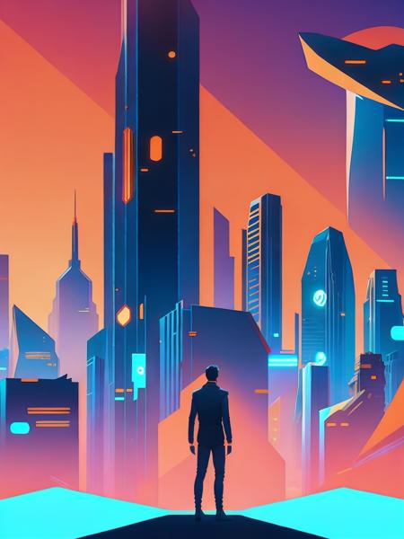 <lora:KilianEng:1>a man standing in front of a futuristic city with an orange sky in the background by Kilian Eng