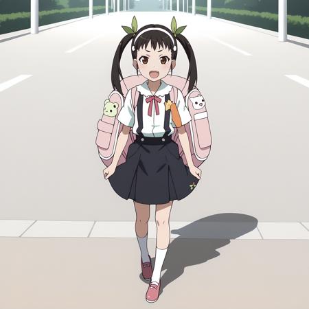 MayoiHachikuji,1girl,black hair,twintails,brown eyes,hair band,green hairbow, white shirt,red neck ribbon,short_sleeves, suspenders,suspender skirt,black skirt, white socks, pink footwear, backpack,pink bag, bandaid on knee, fang,