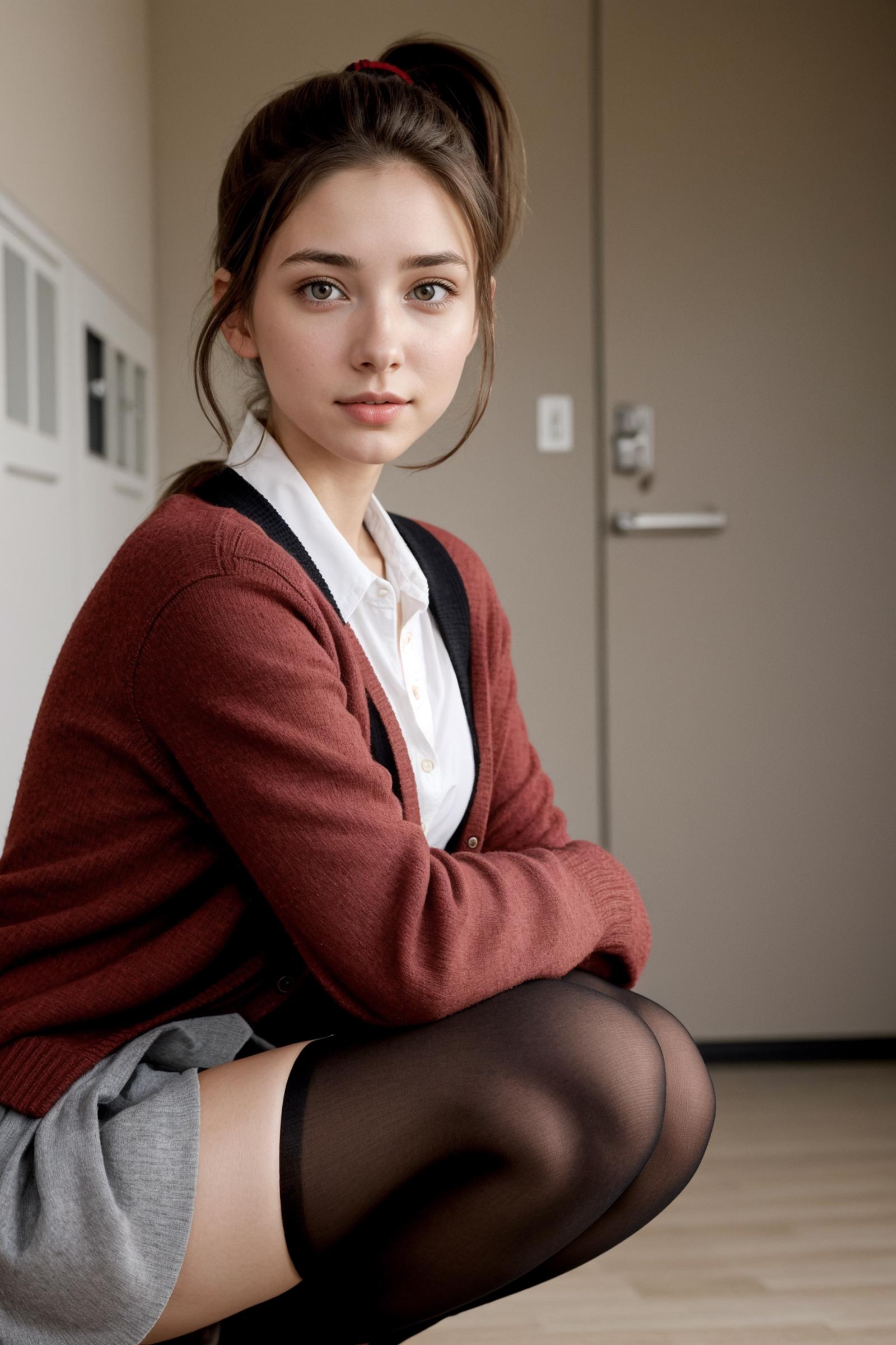 A young woman wearing a red sweater, white shirt, and black skirt.