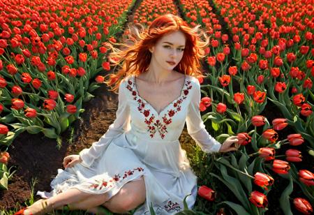 Full body portrait 1woman. (lovely red tulips flower field: 1.9). Red hair, loose hair, windy. White dress with embroided red flowers. Early hour, bright red sun, (Nue artistique, entirement nue: 1.9). Sit on the grass in a garden. Milo Manara's style.photo. SFW