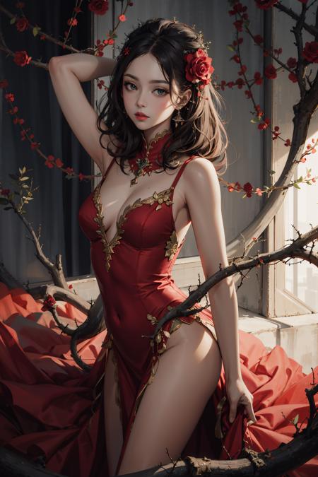 (best quality, masterpiece:1.3), (illustration:1.15), (!symbolism art:1.2), [(a beautiful girl, face, neck, slim waist, legs:0.081) | | a beautiful rose, stem, thorns, roots:1.87] , trending on devianart, ( ambiguity:1.2), (mystery:1.2), red color palate, (balette pose:1.2), artistic, awe inspiring