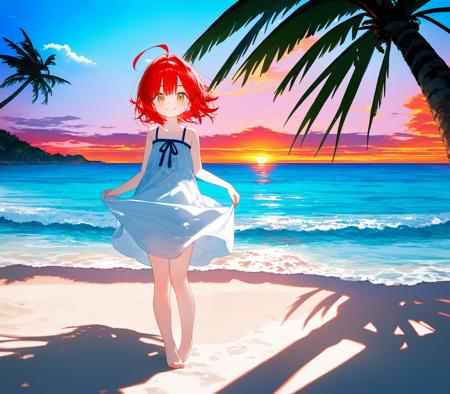 from above,1girl, solo, full body, smile, (red hair), ahoge, short hair, white short sundress, Bare feet, outdoors, (sea), (beach), (horizon), (sunset), (the breeze blew), coconut tree, (twilight), (dim:1.15), beautiful landscape, (reality ray tracing), (intense shadows), (dappled sunlight), strong rim light, cinematic angle