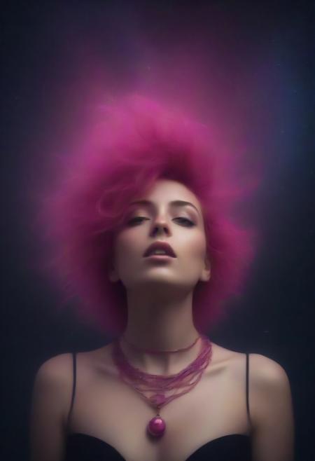 low angle, woman, photograph, art by Aliza Razell, portrait, close up of a Sofiane Trickster, surrounded by Pulsar, between the stars Sofiane has Pink hairstyle, Fuchsia Necklace, conceptual, surreal, mixed media, narrative, professional creative, ambient light, fantastic aesthetic, epic composition, intricate artistic color, rich deep colors, highly contrasted
