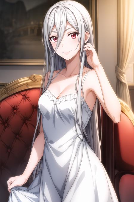 1girl, silver hair, long hair between eyes, long hair, looking at viewer, smile, silver hair, solo, leona_miyamura, dress, <lora:add_detail:0.7>