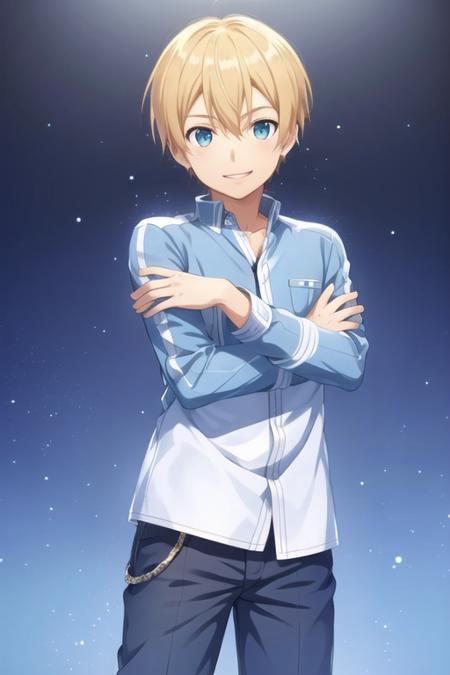 <lora:eugeo:0.6>, 1boy, eugeo, looking at viewer, standing, cowboy shot, full body, smiling