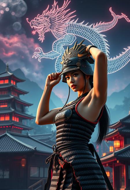 Cinematic shot. Masterpiece, professional, award-winning, hyperdetailed, 8k resolution, ultrarealistic, realistic depiction of the Japanese Edo period. The main background features traditional Japanese architecture, including samurai castles and wooden houses with tiled roofs, bathed in a neon afterglow. In the sky, a detailed electric dragon pattern creates a striking secondary background. The scene is viewed isometrically, with digital constructs subtly integrated. A Japanese girl in sleeveless samurai armor stands in the foreground, muscular, big biceps, hot, sexy, beautiful, angry, ((torso shot)), arms raised, exuding a powerful presence. Inspired by Alphonse Mucha, the image highlights feminine elegance and intricate detail, capturing the wonder of the scene. absurdres. Pheonix. colorful. wallpaper. huge filesize. RAW photo.