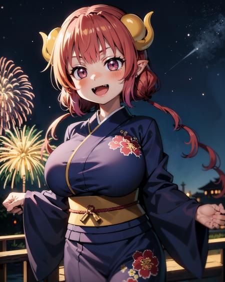 masterpiece, high quality,best quality,
<lora:ilulu-01:1>,fang, skin fang,ilulu \(maidragon\),huge breasts, 
ilulu, 1girl, solo, blush, smile, open mouth, large breasts, long sleeves, :d, outdoors, japanese clothes, sky, teeth, kimono, sash, night, low twintails, upper teeth only, obi, floral print, sharp teeth, star (sky), night sky, starry sky, yukata, print kimono, purple kimono, fireworks, shortstack