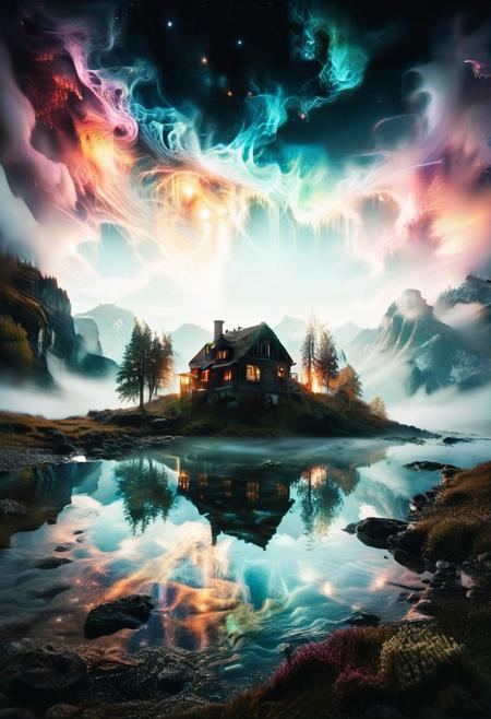 (by Ellen Jewett:1.5), (Bioluminescent Impressionism, The Dreamland), their peaks veiled in mist. mixed media, surrealism, great lighting, A surreal landscape highly detailed . extremely high-resolution details,  appears trapped in an optical illusion of reflections and refractions colorful , mountain cabin, professional photography, natural lighting, volumetric lighting maximalist. intricately detailed, complex, elegant, night, moon, meteor shower, expansive, fantastical, film photography style,  <lora:MJ52:0.3>  <lora:SDXLFaeTastic2400:0.4>  <lora:EpicF4nta5yXL:0.7>.ethereal landscapes, depth of field, biotech emotion:1.3) <lora:xl_more_art-full_v1:0.5> <lora:add-detail-xl:1> <lora:RMSDXL_Creative:2>, GhostlyStyle