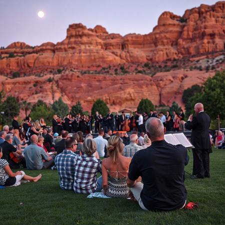 couples on a large lawn in front of a wall of natural red rock formation, listening to an orchestra on a warm summer night in the foothills, half moon, sitting resting on hands, some snuggling, one couple kissing,  conductor smiling, close up on conductor
