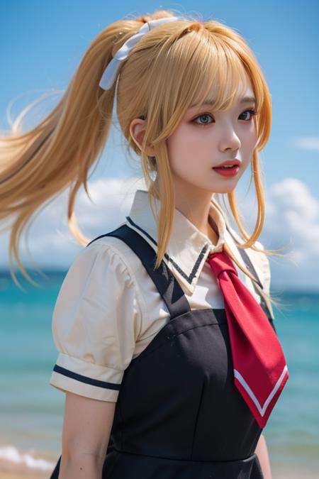 kamio misuzu school uniform, necktie, shirt,dress, short sleeves, sailor collar,  very long hair, blonde hair, ponytail, hair ribbon,