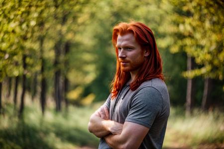 <lora:gelios40bokeh_v2-000007:0.7>,gel40bo,(redhead man:1.3), (bokeh:1.4), (forest:1.4),sunny,
