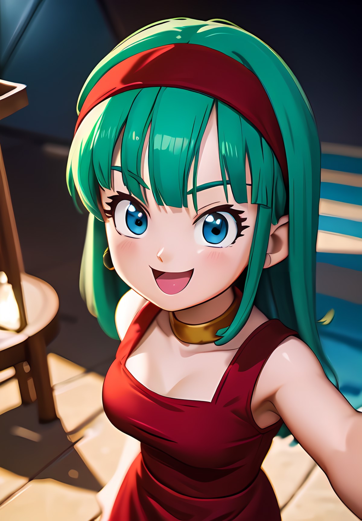 (Photo:1.3), highdetail, <lora:Bulla:0.8>, Bulla, 1girl, solo, red headband, red dress, Selfie, Smile, (acclaimed, allurin...