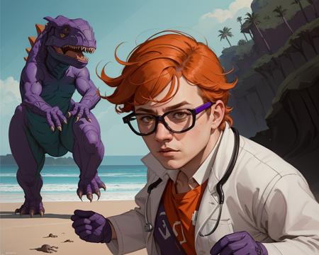 (masterpiece), (extremely intricate), (((photo of a boy scientist, orange hair, glasses))), (((purple gloves, closed white lab-coat, intricate details on clothing))), ((running away from a dinosaur)), (perfect composition:1.4), ((beach background)), deviantart hd, artstation hd, concept art, detailed face and body, award-winning photography, margins, detailed face, professional oil painting by Ed Blinkey, Atey Ghailan, Jeremy Mann, Greg Manchess, Alex Gray, trending on ArtStation, trending on CGSociety, intricate, high detail, sharp focus, dramatic, award winning matte drawing cinematic lighting octane render unreal engine volumetrics dtx <lora:dextr95_V12:0.5>