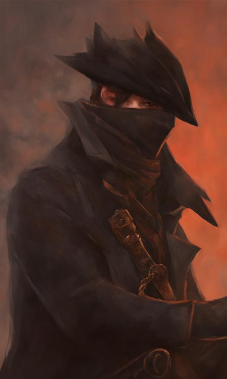 cinematic still hunter, solo, looking at viewer, red eyes, 1boy, hat, male focus, artist name, coat, black headwear, mask, chain, border, mouth mask, hunter (bloodborne) , bloodborne . emotional, harmonious, vignette, highly detailed, high budget, bokeh, cinemascope, moody, epic, gorgeous, film grain, grainy