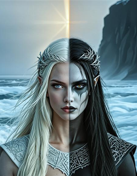 RAW analogue photo ((Hel the Norse Goddess)), clear focus, high resolution image, nbn-hel, ((half body, left black, right white)), ((white hair right side, black hair left side)), ((two-tones hair)),  heterochromia, realistic, <lora:sdxl_NBN-Hel_NordicByNature_r1:1.0>, nordicbynature, <lora:NordicByNature:0.8> ,Hel with piercing eyes, wearing a crown of ice and iron, standing at the edge of the Baltic Sea.,photo Fantasy art combining the styles of Boris Vellejo and Luis Royo,Photorealistic, real photo, god rays, 1girl, 21yo,realistic,