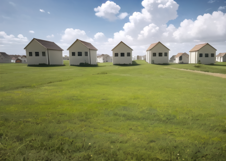 a group of houses in a field with a sky background, <lora:Level94-10:0.65>