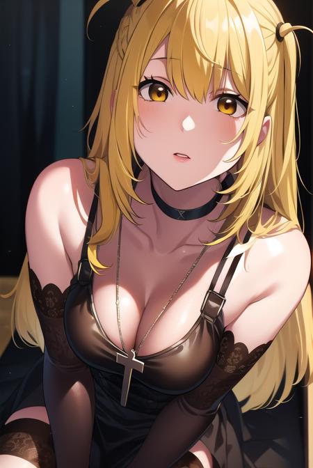 misa amane, long hair, bangs, (brown eyes:1.5), (yellow hair:1.5), blunt bangs, (two side up:1.5), red lips, lipstick, thighhighs, dress, jewelry, collarbone, boots, detached sleeves, choker, black thighhighs, necklace, black footwear, black dress, sleeveless dress, garter straps, black choker, short dress, floral print, cross, red nails, cross necklace,