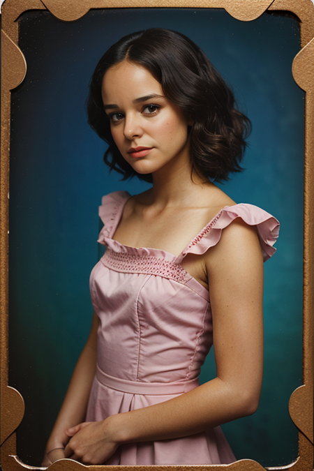 MelissaFumero, ((1900s photograph, Gibson tuck, soft blush, wearing cotton chemise with square neckline, ruffled cuffs, and delicate lace trim, antique setting)), Century Camera Co. Studio, 160mm f/8, 1/10s, ISO 25, ((tintype))