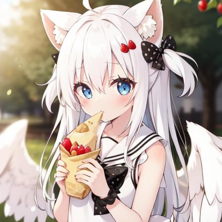 <lora:super-jiamiaoersanshi-v1:0.6>,nekokeke, solo, feathered wings, crepe, food, sleeveless, wings, blue eyes, holding, holding food, white wings, long hair, two side up, bangs, blush, closed mouth, bow, sleeveless dress, white dress, hair between eyes, polka dot, dress, bare shoulders, sailor collar, animal ears, strawberry, looking at viewer, animal ear fluff, white hair, depth of field, very long hair, hair ornament, fruit, black bow, outdoors, sailor dress, blurry, upper body