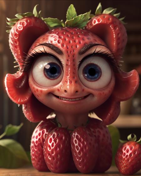 pixar version of a humanoid strawberry, big eyes, cute hair, smile