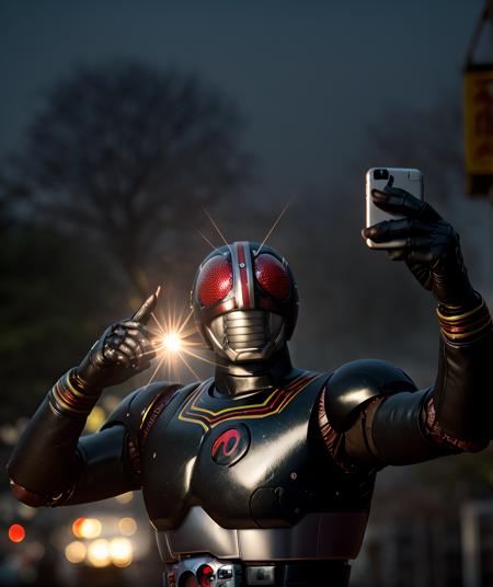 cinematic film still , lens flare, realistic, depth of field, RAW photo,   <lora:quiron_KamenriderBlack_v1_lora:0.87> KamenRiderQuiron character,  (hero pose), Taking a Selfie, fog,  . shallow depth of field, vignette, highly detailed, high budget Hollywood movie, bokeh, cinemascope, moody, epic, gorgeous, film grain, grainy