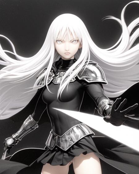 <lora:Claymore-r32:1>
(upper body)
(solo)
(1girl)(facing viewer)
(long white hair)
((black leotard)(black armored skirt)(white cape)(silver pauldrons)(gauntlets)(boots))