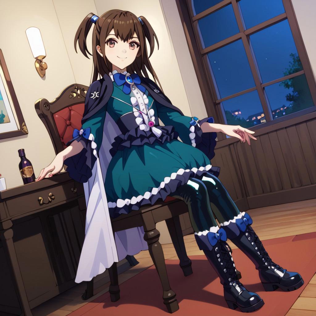 masterpiece, best quality, score_9, score_8_up, score_7_up, full body, 1 girl, looking at viewer, cowboy shot, dutch angle, sitting, night, indoors, sitting on chair, smile, KizunaKazayama, brown eyes, (brown hair, two side up), small breast, short sleeves, latex dress, bow, frills, wide sleeves, bowtie, latex cape, blue bow, brooch, green dress, black latex cape, black latex stockings, black latex boots, flat latex boots