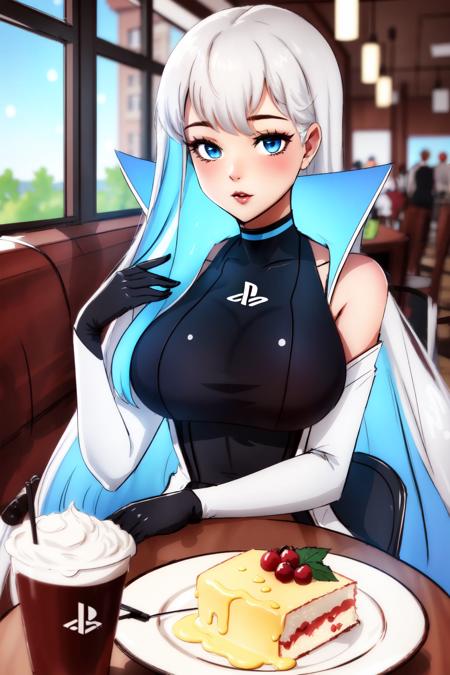 Highly detailed, High Quality, Masterpiece, beautiful, playstation-chan, <lora:Playstationchan:0.9>, food, simple background, elbows on table, cup, blurry background, indoors, upper body, <lora:Pos_AcrossTable:1>