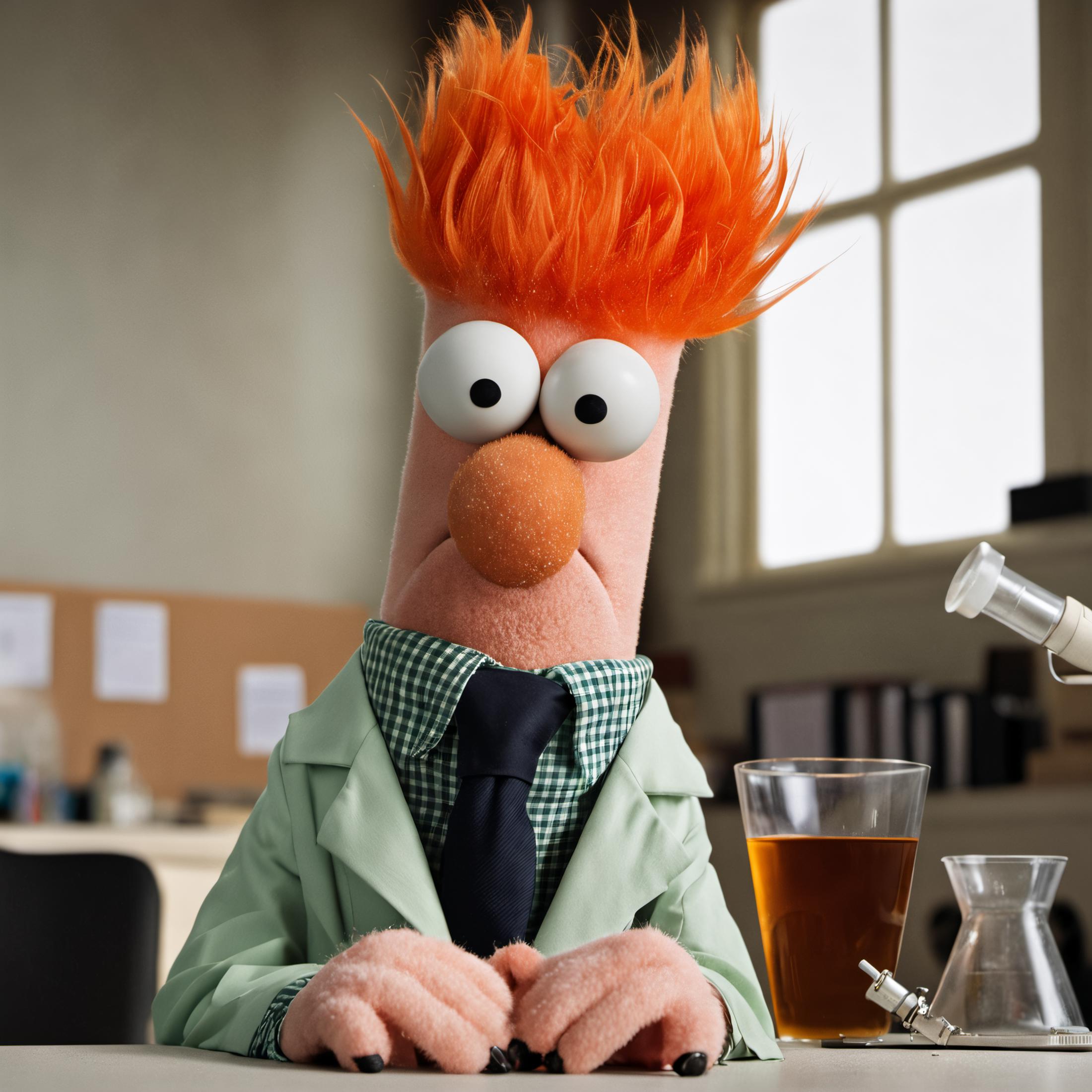 A Muppet with red hair and a green shirt sitting at a desk with a beaker and cup.