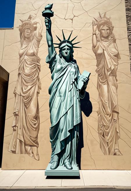 masterpiece art, tall highrise housing, the projects highrise, front view of beige color flat concrete wall with (colossal mural painted on wall:2.0), (hyper realistic painting of the Statue of Liberty also known as Lady Liberty:2.0), she is standing tall, wearing a her famous robe with beatiful intricate creases, though this image of her has been modified with alterations, she has black gaffer tape or black duct tape covering her eyes (see no evil), she has placed her beautiful hands with elegant fingers covering her ears on either side of head (hear no evil), she has black gaffer tape or black duct tape covering her mouth so she cannot speak (speak no evil), 2 feet visble, she has dropped the torch and the torch has fallen outside of the wall and onto the street below, the famous Liberty torch with a short handle is lying on it's side on the ground, surrounding the fallen torch are cracks in the street, with long shadows casted. ArsMJStyle, Colored pencil hyperdetailed realism, in the style of tim doyle,  solarizing master, agustín fernández, poster art, Smooth Quality