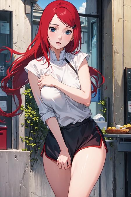 (masterpiece), kushina, 1girl, solo, long hair, looking at viewer, blush, blue eyes, red hair, hairclip, large breast, full sleeve shirt, shirt, full body, shorts, black shorts, white shirt, office background, <lora:kushina-05:0.8> <lora:skirt_tug_v0.1:1>, shirt tug