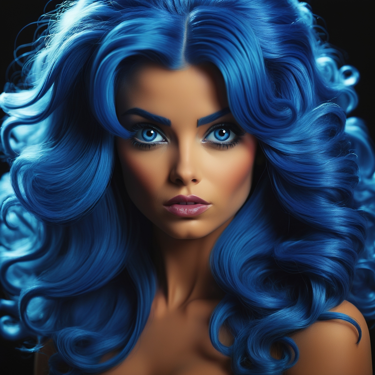 stout [Carmen Electra|HAL 9000] of Life, she has blue hair, stylized by Patrick McHale, (Herbert List:1.2) , Direct light,...