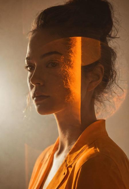 Create a dynamic image using double exposure to depict contrasting sides of the same person. Illuminate the subject with an orange gel light, casting dramatic rays of light. Utilize light deflection techniques to overlay one sharp silhouette with a second image, subtly integrated amidst the orange light rays. Use a Nikon Z6 II with a 50mm lens at f/2.8 for clarity and depth in the composition, ensuring the orange light adds a vivid and atmospheric element to the narrative