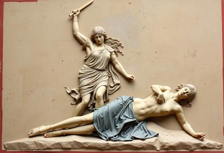 Painted relief of victorious female gladiator throwing down her weapons, next a female gladiator who has fallen to the ground